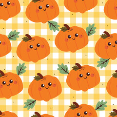 seamless pattern cute cartoon pumpkin character drawing in yellow checkered background