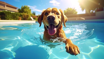 A happy golden retriever dog swims joyfully in a sparkling blue pool on a sunny day.