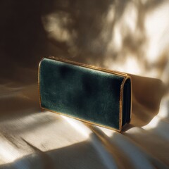 Elegant Emerald Green Velvet Clutch with Gold Trim on Textured Fabric