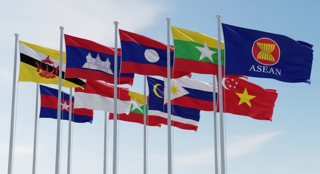 Southeast Asian Nations flags fluttering in the wind against blue sky showing unity and cooperation