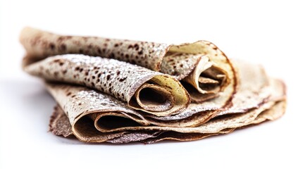 Stack of browned, thin crepes, dusted with powdered sugar
