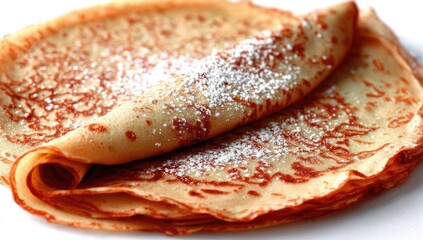 Stack of golden-brown crepes, lightly sugared