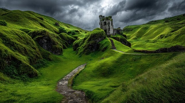 Picturesque landscape featuring a ruined castle nestled in lush green hills under a dramatic cloudy sky in ireland - Powered by Adobe