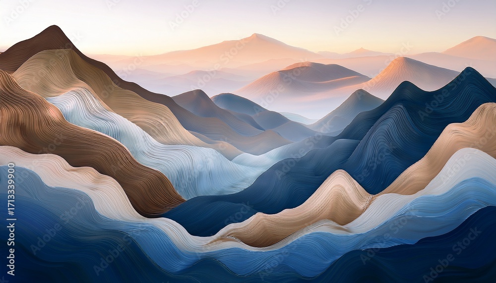 Wall mural a layered design of abstract mountains featuring a range of muted tones from light pastels to deep b