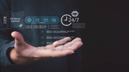 A person holds an open hand, showcasing a holographic interface with technical support icons, contact options, 24/7 service, and checkboxes.