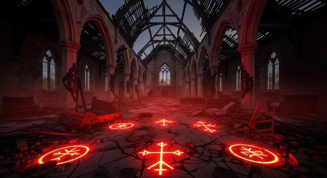 Sinister crimson runes glow within a decaying cathedral hinting at occult practices and forbidden