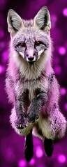 A stylized,  purple-gray fox,  leaping against a vibrant purple backdrop