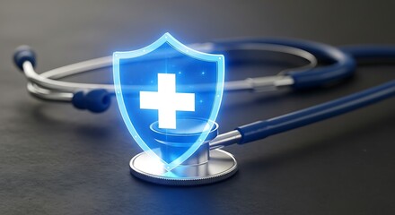 Blue neon shield with cross symbol over a stethoscope representing healthcare security