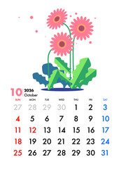2026年, カレンダー,10月,ガーベラ,日曜始まり,エコ