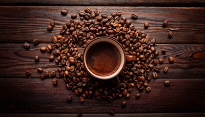 Flat Lay Of Coffee Beans Scattered Around A Ceramic Cup On A Dark Rustic Wooden Table