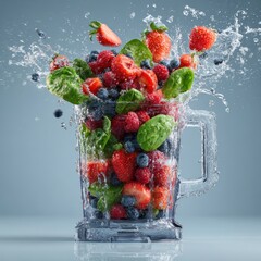 Fresh Berries and Spinach Exploding from Blender with Water Splash.