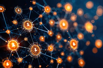 Abstract network of glowing orange profile icons connected by lines on a dark background