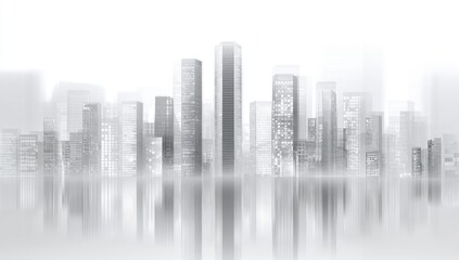 A grayscale cityscape reflected in still water, shrouded in a light fog or haze, suggesting a modern, dense urban environment with varying building heights