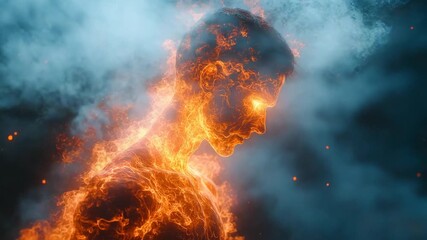 Fiery silhouette of a person amidst smoke and flames