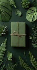 A green gift box, simply wrapped with twine, is surrounded by various lush green leaves and ferns against a deep green background, creating a serene, nature-inspired aesthetic