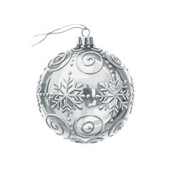 Fototapeta premium Silver Christmas ornament with a snowflake pattern. Hand drawn holiday bauble illustration isolated on a white background. Grayscale winter decoration.