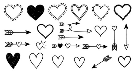 Illustration Art Vector Set with Hearts and Arrows Doodle Style