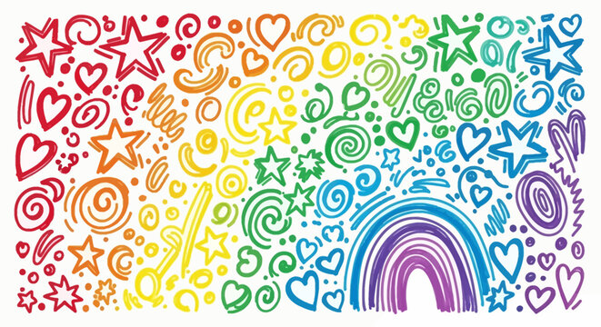 Doodle Vector Illustration with Rainbow Hearts Stars and Swirls in Multicolor Design for Childlike Projects