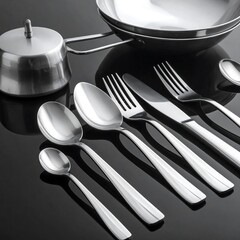 A sleek collection of stainless steel cutlery and serving ware arranged on a dark reflective surface.