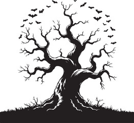 Halloween haunted tree with bats silhouette vecto