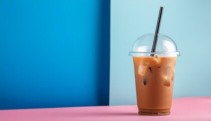Iced Coffee With Straw On Pink And Blue