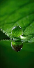 Fototapeta premium A perfect water droplet rests on a vibrant green leaf, showcasing intricate leaf veins reflected within its clear surface.