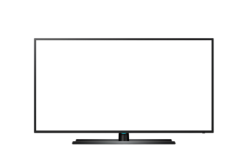 LCD TV screen with Empty White Display, mockup of a large modern black TV isolated on transparent cutout background, cut out, png
