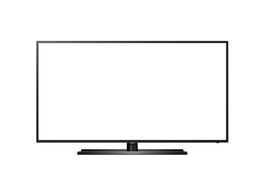 LCD TV screen with Empty White Display, mockup of a large modern black TV isolated on transparent cutout background, cut out, png