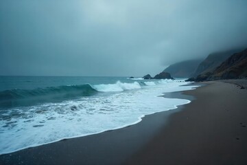 Lonely shoreline, waves crashing against the shore, grey sky reflecting the somber mood A feeling of isolation and melancholic beauty pervades the scene , wind, reflective