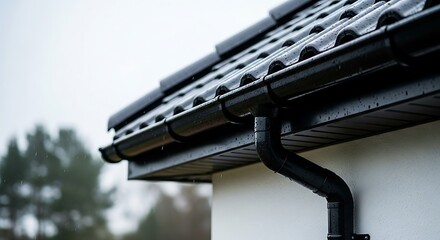Close up view of residential house gutter system and tiled roof during overcast weather