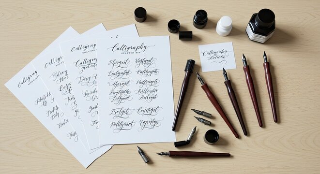 Calligraphy Practice: Elegant Script Samples, Dip Pens, and Ink on Light Wood Surface