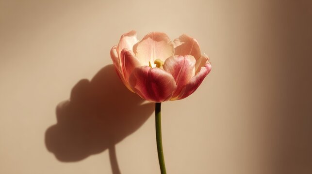 Captivating closeup of a vibrant pink tulip, showcasing its elegant form and soft texture against a warm, inviting backdrop