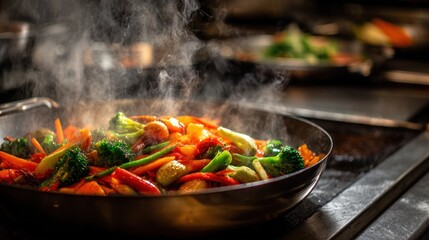 Stirfried vegetables with steam in a wok on a stove in a restaurant kitchen, healthy eating concept