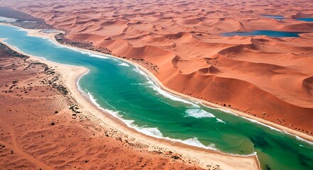 Aerial view of a vibrant green river cutting through red sand dunes in a desert landscape