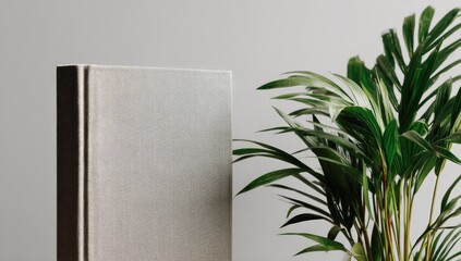 A large, light-grey, textured book or portfolio stands upright against a muted grey wall, beside a vibrant, leafy green potted plant with long, slender fronds