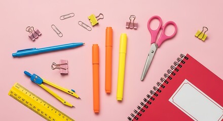 Assortment of School Supplies on a Pink Background