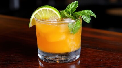 Refreshing Citrus Cocktail with Mint and Lime Garnish on Wood Table
