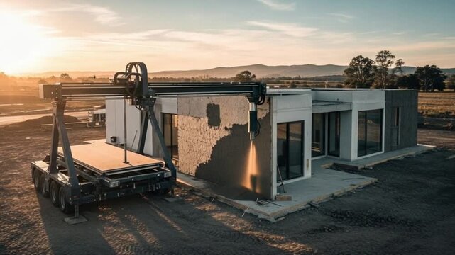 3d printed house construction showcasing innovative technology and sustainable building practices in a serene rural landscape at sunrise with mountains in the background.