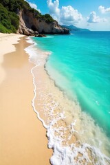 Sun-kissed sand, turquoise waves gently lapping the shore, a scene of idyllic coastal beauty, inviting relaxation and escape The perfect tropical getaway , sky, tranquil, peaceful