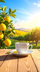A tranquil scene of a white teacup and saucer resting on a wooden table amidst a vibrant lemon orchard on a sunny day.