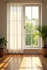 Sunlight streams through sheer window blinds, casting delicate shadows on a wooden floor A peaceful, minimalist home interior scene with soft light and natural textures , elegant, clean