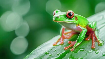 Obraz premium Vibrant Green Frog Sitting on Leaf with Dew Drops in Nature