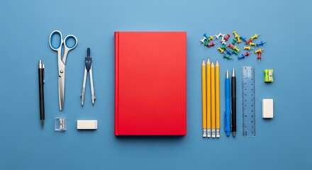 Flat Lay Of School Supplies Arranged Around Red Notebook