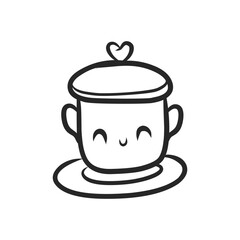 Cute kawaii teacup with smiling face and heart lid line art vector illustration