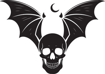 Black silhouette of a skull with bat wings, white background.