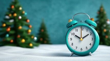 Classic Alarm Clock on Snowy Surface with Christmas Trees Background