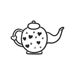 Cute kawaii teapot with heart pattern line art vector illustration