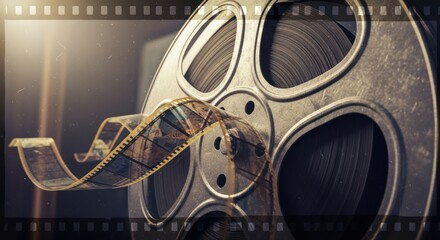 Evocative film reel still life capturing cinematic history and nostalgic storytelling experiences