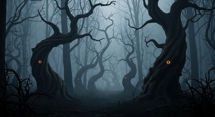 Mysterious forest with gnarled trees and glowing eyes creating a haunting atmosphere