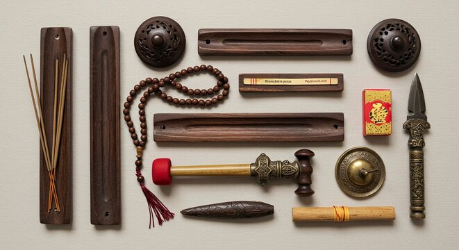 Collection of Buddhist Ritual Items for Meditation and Prayer